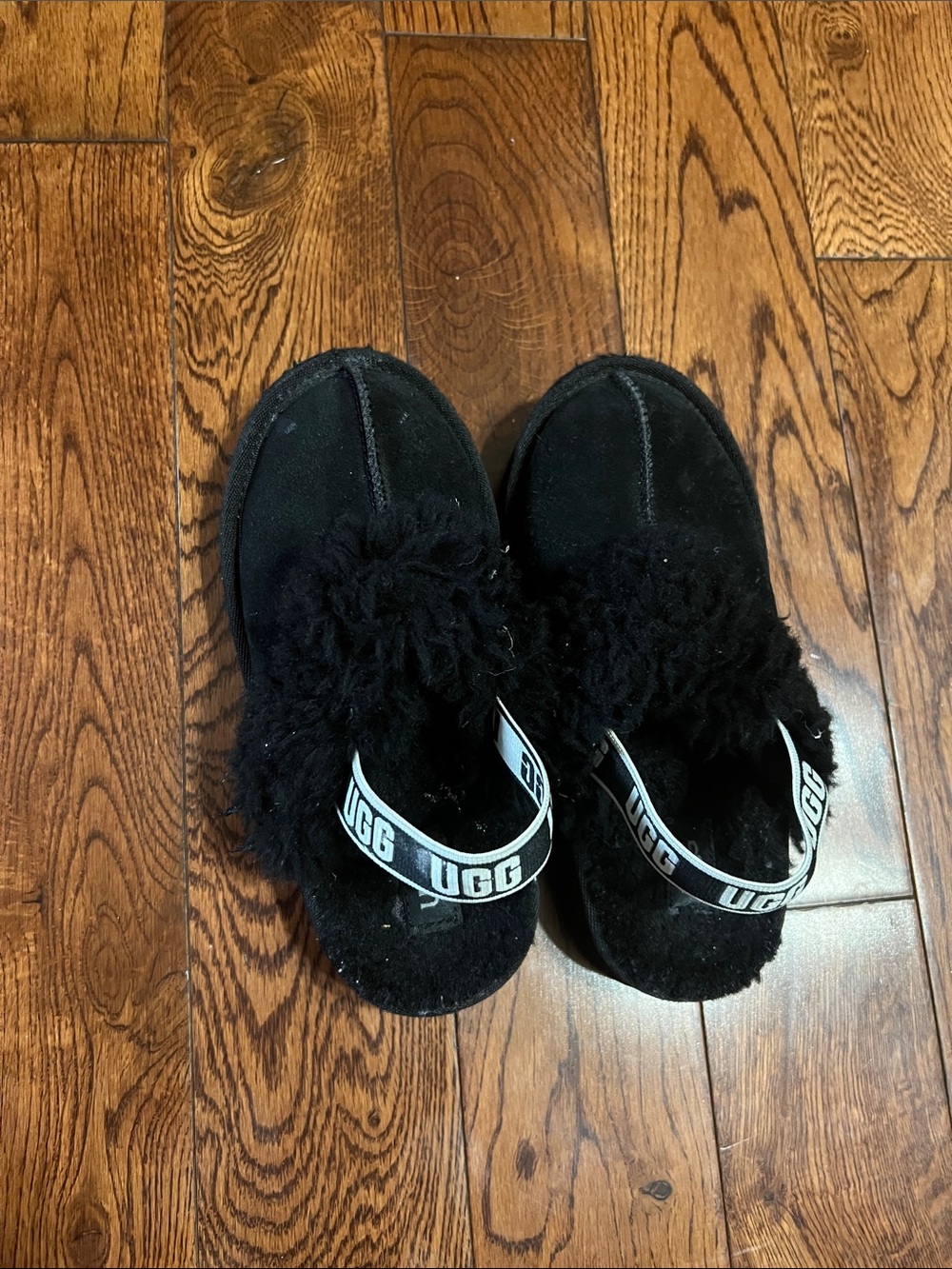 UGG Black Fluffy Pom Slide Sandals with Logo Heel Strap